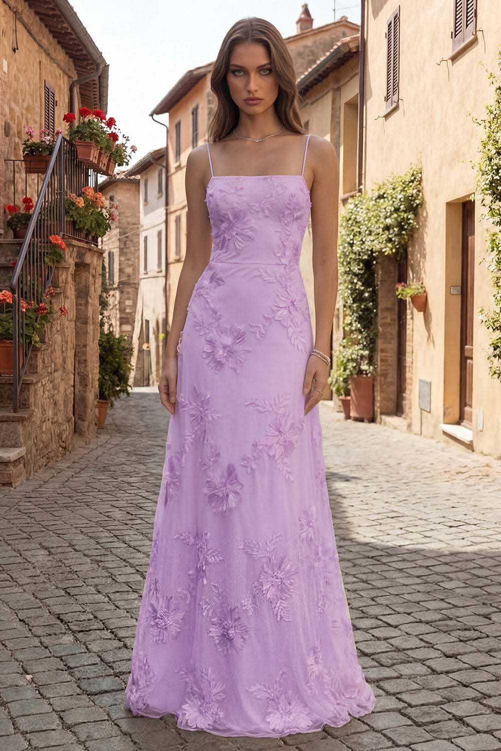 Wedtrend Women Lilac Prom Dress with Lace-up Back Appliqued Spaghetti Straps Long Party Dress, Lilac / US14