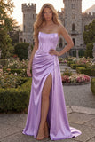 Strapless Corset Satin Burgundy Prom Dress with Slit