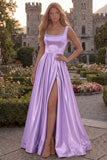 Blush Satin A Line Square Neck Pearl Prom Dress with Slit