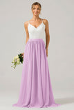 A-Line Spaghetti Straps Pleated Long Bridesmaid Dress With Lace