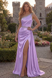 One Shoulder Light Blue A Line Ruched Prom Dress with Slit