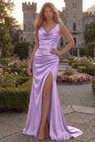 Dark Green Cowl Neck Mermaid Satin Prom Dress with Slit