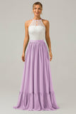 A-Line Halter Pleated Keyhole Chiffon Bridesmaid Dress With Lace