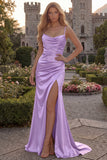 Navy Mermaid Satin Cowl Neck Maxi Prom Dress with Slit