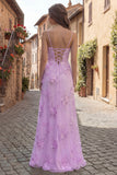 Lilac Appliqued Spaghetti Straps Long Prom Dress
