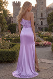 Lilac One Shoulder Satin Mermaid Prom Dress with Slit