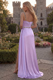 One Shoulder Light Blue A Line Ruched Prom Dress with Slit