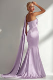 Burgundy Strapless Mermaid Satin Convertible Long Prom Dress with Streamer