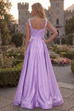 Blush Satin A Line Square Neck Pearl Prom Dress with Slit