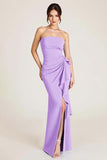 Dusty Sage Strapless Mermaid Ruched Wedding Guest Dress with Slit