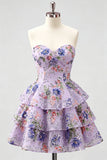 Pink Floral Sweetheart Sequin Tiered Ruffle A Line Homecoming Dress