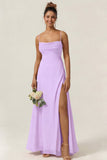 Green Flower A Line Spaghetti Straps Chiffon Long Bridesmaid Dress with Slit