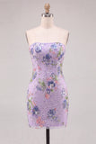 Pink Floral Sequin Strapless Bodycon Short Homecoming Dress