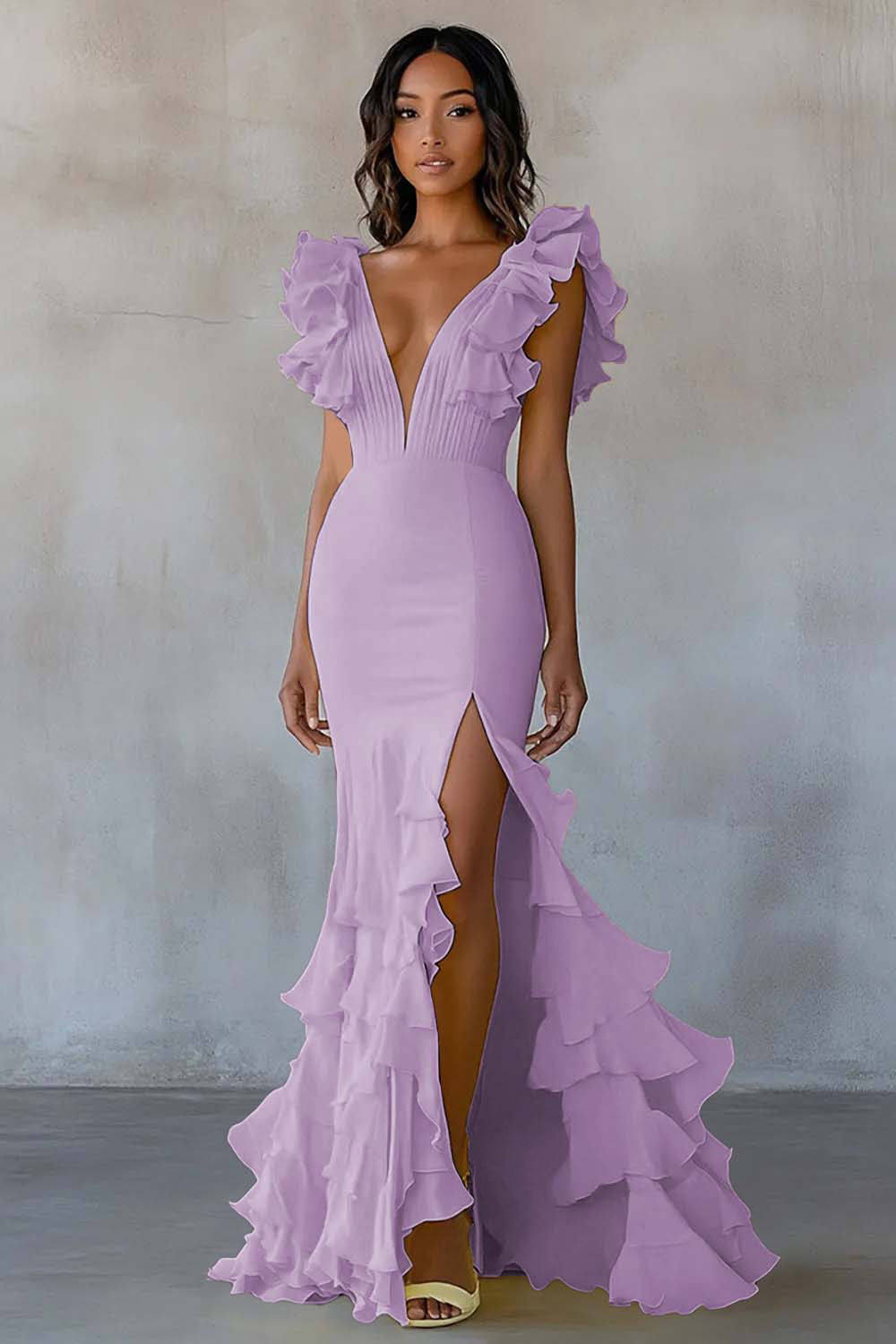 WEDTREND Women Daffodil Formal Dress With Slit Mermaid V Neck Ruffle Long Wedding Party Dress WEDTREND Women Daffodil Formal Dress With Slit Mermaid V Neck Ruffle Long Wedding Party Dress