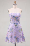 Strapless Pink Floral A Line Sequin Short Homecoming Dress