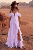 Off the Shoulder Ivory Ruffled A Line Wedding Dress with Slit