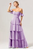 Eucalyptus A Line Off The Shoulder Tiered Long Bridesmaid Dress