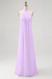 Simple White A Line Halter Long Engagement Dress