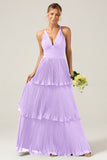 Dusty Rose A-Line Halter Tiered Floor Length Chiffon Long Bridesmaid Dress