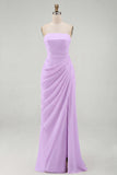 Light Pink Strapless Ruched Sheath Long Prom Dress with Slit
