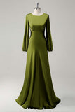 Agave A-Line Round Neck Satin Long Bridesmaid Dress with Long Sleeves