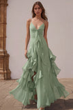 Dusty Blue Spaghetti Straps Chiffon A-Line Ruffled Bridesmaid Dress