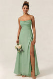 Green Flower A Line Spaghetti Straps Chiffon Long Bridesmaid Dress with Slit