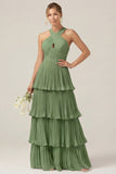 Lilac Halter Keyhole A Line Tiered Ruffle Pleated Bridesmaid Dress