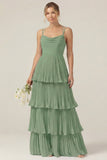 Dusty Sage Cowl Neck A Line Tiered Pleated Long Bridesmaid Dress