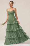 Dark Green A Line Ruched Pleated Spaghetti Straps Tiered Bridesmaid Dress