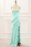 Spaghetti Straps Jade Tiered Mermaid Bridesmaid Dress With Slit
