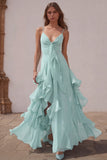 Dusty Blue Spaghetti Straps Chiffon A-Line Ruffled Bridesmaid Dress