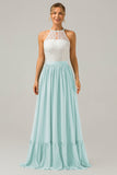 A-Line Halter Pleated Keyhole Chiffon Bridesmaid Dress With Lace