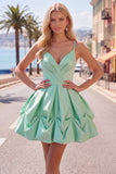 Pink Ruched Spaghetti Straps A Line Short Homecoming Dress with Lace Up Back