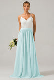 A-Line Spaghetti Straps Pleated Long Bridesmaid Dress With Lace