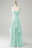 A Line Spaghetti Straps Chiffon Long Bridesmaid Dress with Ruffles