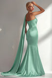 Burgundy Strapless Mermaid Satin Convertible Long Prom Dress with Streamer
