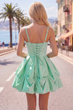 Pink Ruched Spaghetti Straps A Line Short Homecoming Dress with Lace Up Back