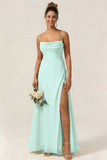 Green Flower A Line Spaghetti Straps Chiffon Long Bridesmaid Dress with Slit