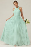 Dusty Sage A Line Halter Pleated Long Bridesmaid Dress
