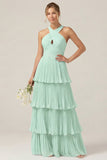 Lilac Halter Keyhole A Line Tiered Ruffle Pleated Bridesmaid Dress