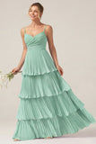 Dark Green A Line Ruched Pleated Spaghetti Straps Tiered Bridesmaid Dress