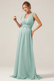 A Line Chiffon Convertible Dusty Blue Long Maternity Bridesmaid Dress