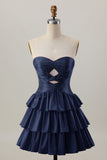 Navy A Line Strapless Tiered Cut Out Short Homecoming Dress with Beading