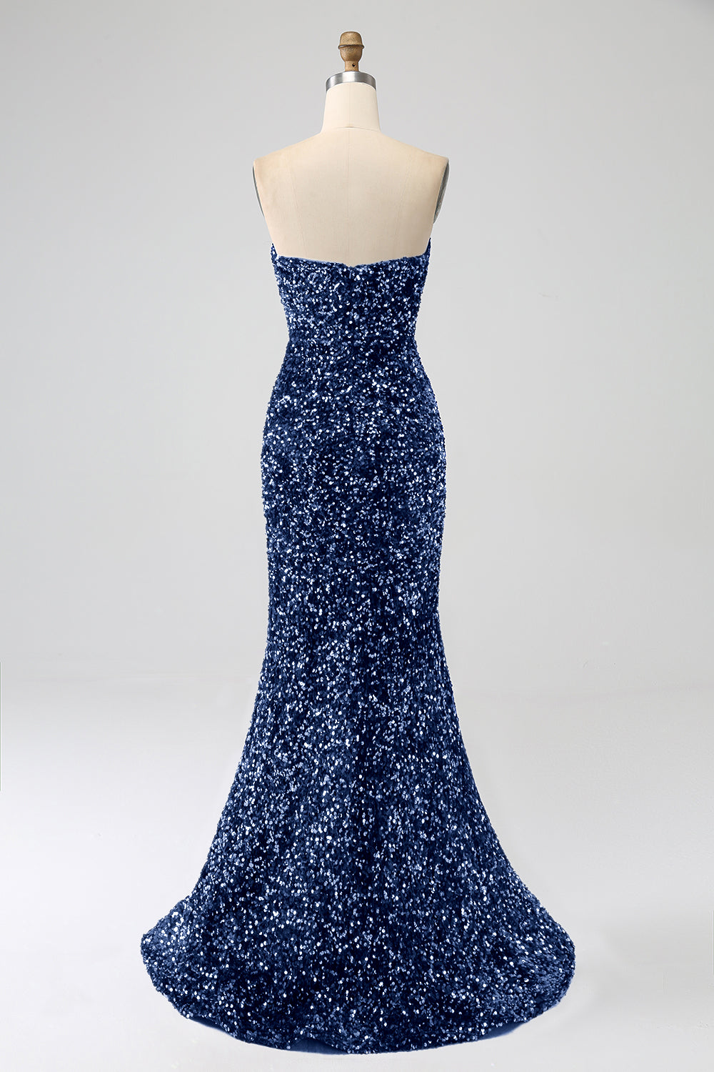 royal blue strapless mermaid dress Royal Blue Mermaid Strapless Prom Dress Lace Applique High Slit Pleate