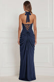 Halter Navy Ruched Sheath Lace-up Back Bridesmaid Dress with Slit