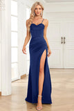 Royal Blue Mermaid Spaghetti Straps Satin Prom Dress with Split Front