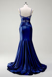 Dark Green Mermaid Spaghetti Straps Satin Prom Dress with Sheer Corset Bodice