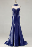 Mermaid Blue Corset Sweetheart Convertible Satin Long Prom Dress with Streamer