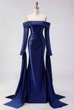 Off the Shoulder Dark Green Mermaid Ruched Prom Dress with Long Sleeves